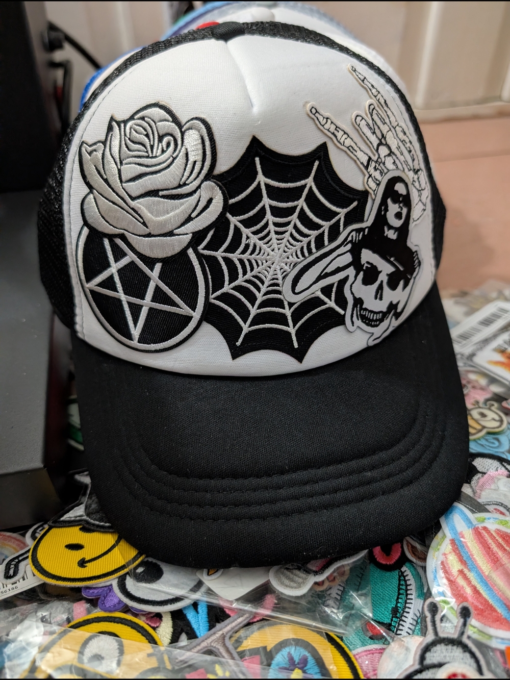 Black & White Trucker Hat with Gothic Patch Art